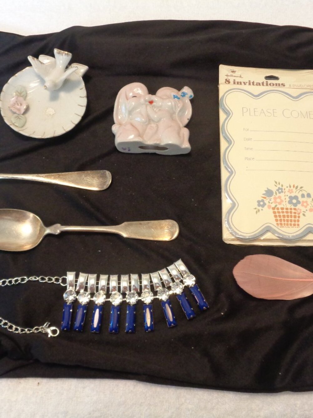 RETRO BIRD DISH DOGS W BOWS JEWELRY PART OLD SPOONS CARDS LOT